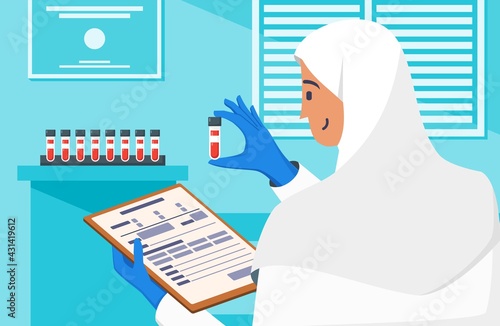 Phlebotomist, Healthcare Professional Who Draws Blood Checking Out Labeled Blood in Medical Laboratory. Flat Vector Illustration.