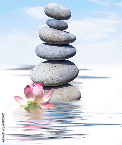 Composition zen aquatique avec pierres superposées et fleur de lotus 