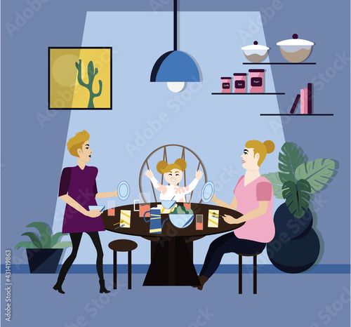 Familia feliz. Ilustración lgbt de pareja de lesbianas cenando felizmente con su hermosa hija. 