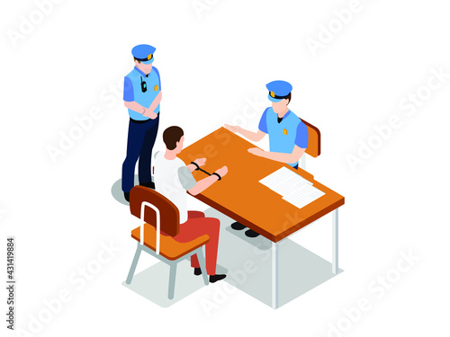 Police activity vector concept. Two policemen interrogating a prisoner while sitting in the interrogation room