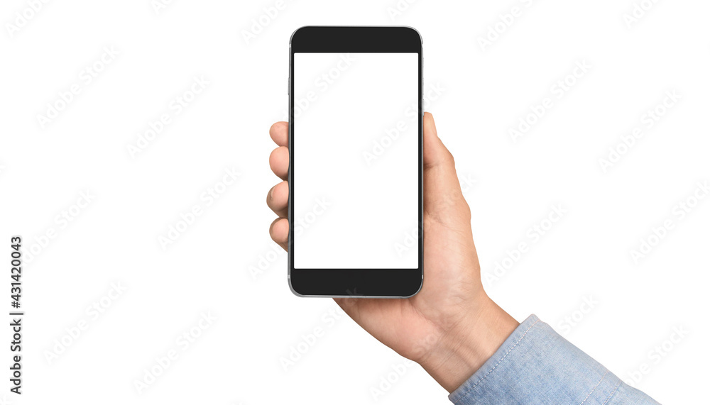Hand holding smartphone device touching screen Hand holding smartphone device touching screen