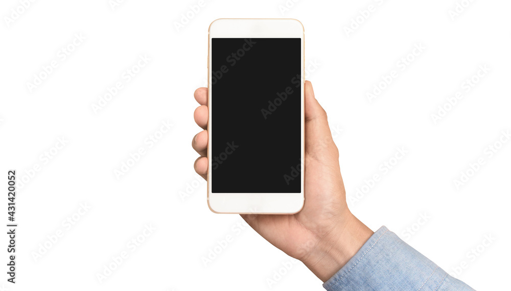 Hand holding smartphone device touching screen Hand holding smartphone device touching screen