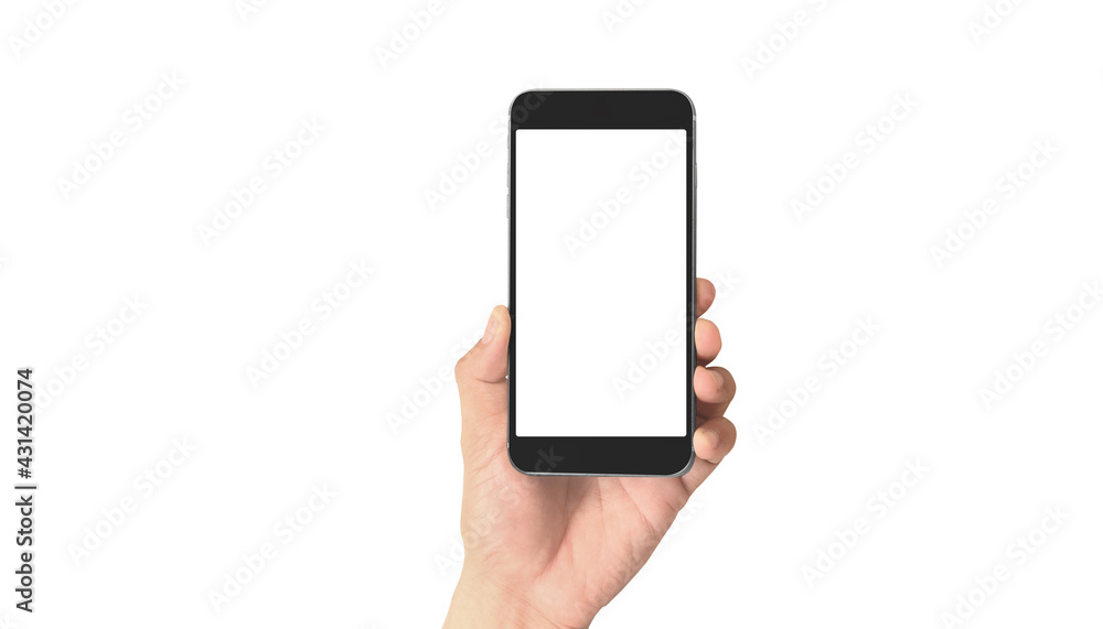 Hand holding smartphone device touching screen Hand holding smartphone device touching screen