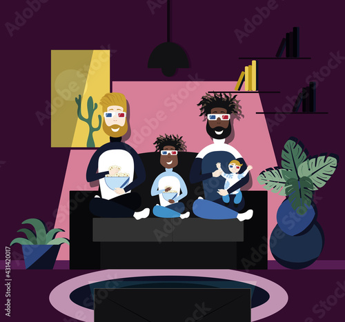 Preciosa ilustración lgbt. Familia feliz. Padres gay felizmente ven películas 3d en casa con sus hijos. 