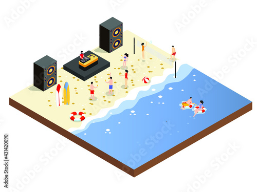 Beach party vector concept. Crowd young people dance together and enjoying music from DJ while vacating in the tropical beach