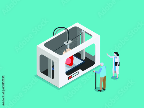 3D print vector concept. Female doctor creating artificial heart by 3d printer for old patient while standing in the hospital