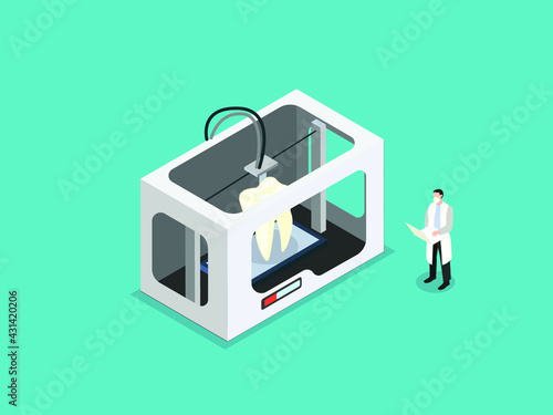 3D print vector concept. Male dentist using a laptop while creating artificial tooth by 3d printer