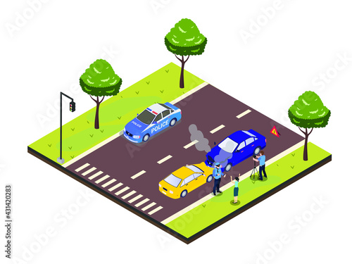 Traffic police vector concept. Policeman interrogating a young woman while doing car accident scene reconstruction