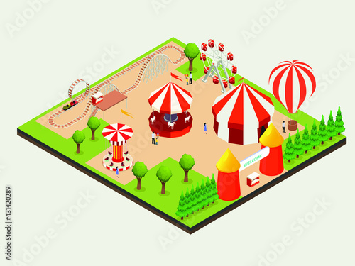 Amusement park vector concept. People enjoying leisure time together at weekend while visiting in the amusement park