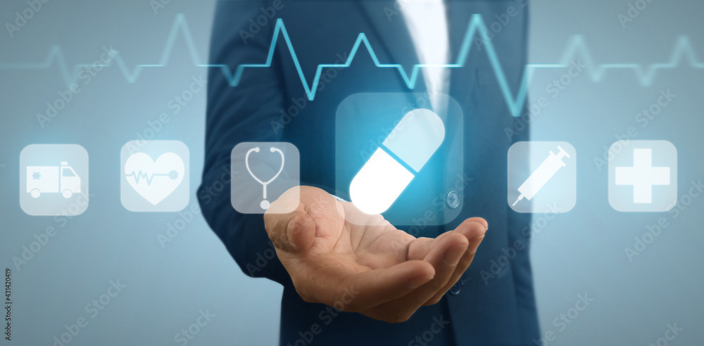 Hand double exposure of healthcare And Medicine concept