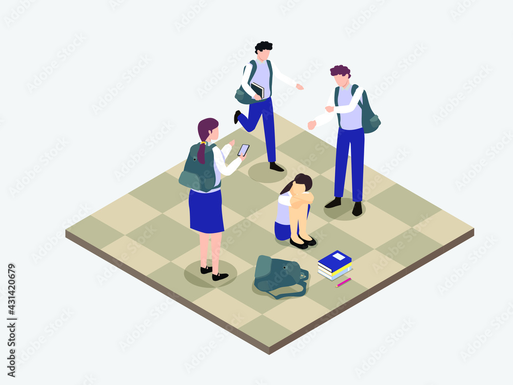 Bullying vector concept. Sad female student having physical and verbal bullying from her friends in the school Bullying vector concept. Sad female student having physical and verbal bullying from her friends in the school