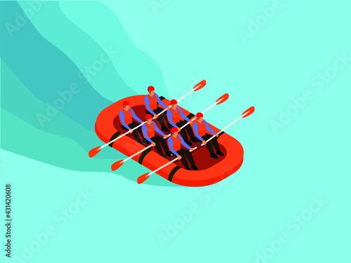 Rafting sports vector concept. Group of people wearing helmet and buoy while rafting on the river