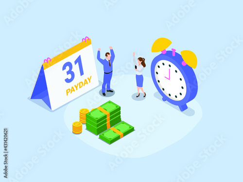 Payday vector concept. Two business people feeling happy while getting money and standing with calendar and alarm clock