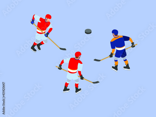 Hockey vector concept. Ice hockey players fighting for a puck during match at stadium