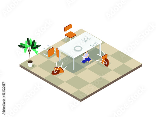 Natural disaster vector concept. Young woman and her son hiding under a table during earthquake disaster