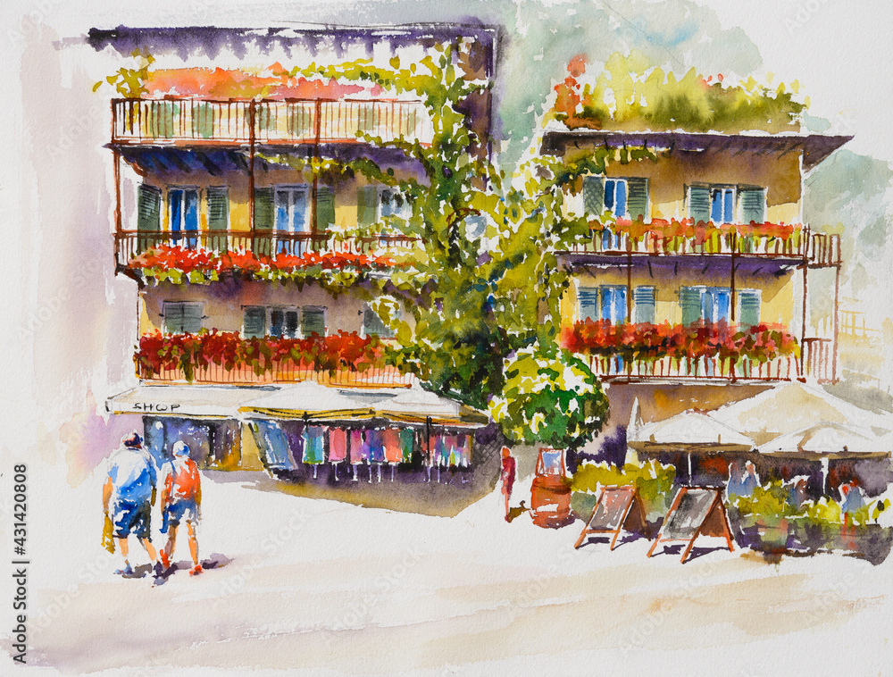 Limone Sul Garda, Lombardy, Italy. Centrum of the city with shops and colorful houses. Picture created with watercolors.