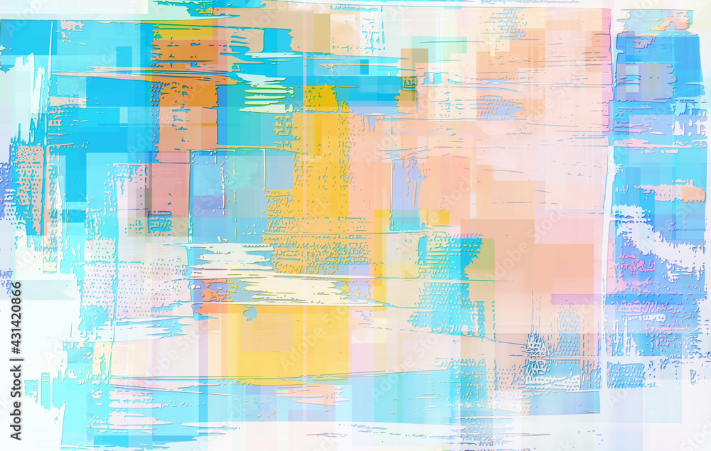 Light blue, azure dirty art background painting. Yellow, orange, peach colour and blue paint accents. Rough brush strokes digitally painted artwork