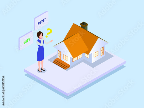 Business choice vector concept: Young woman feeling confused to choose between buy and rent while standing with new house