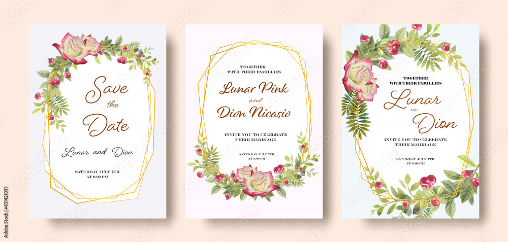 Wedding invitation vintage frame set Roses, cherry, leaves, watercolor, isolated.
