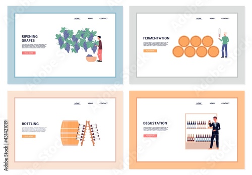 Wine processing industry web banners set of flat vector illustrations.