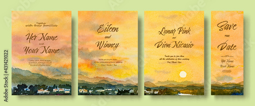 Wedding invitation card set with watercolor landscape paintings mountain sunset.