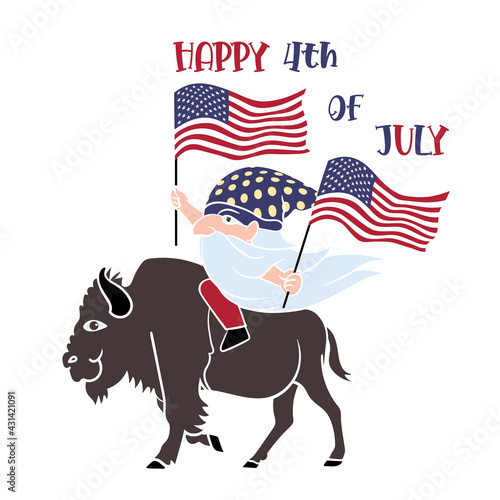 Happy 4th of July with gnome riding bison.