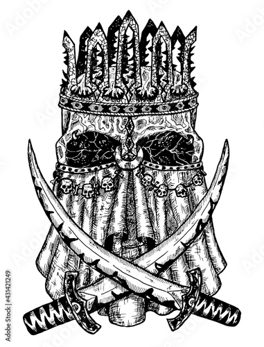 Black and white illustration of scary skull of king in crown and mask with two swords. Mystic background for Halloween, esoteric, gothic, occult concept, tattoo sketch