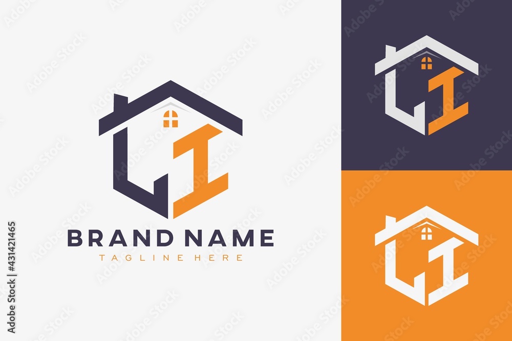 hexagon LI house monogram logo for real estate, property, construction business identity. box shaped home initiral with fav icons vector graphic template - obrazy, fototapety, plakaty 