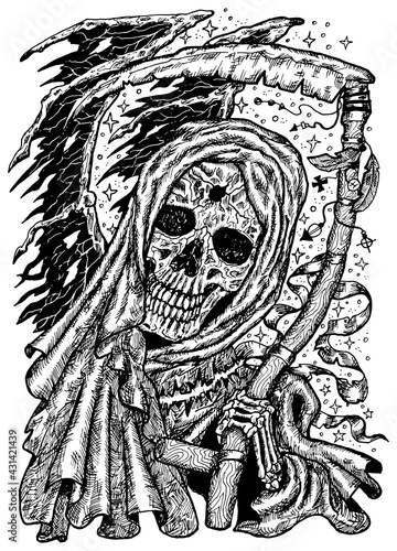 Black and white engraved illustration of scary death skull or grim reaper holding scythe. Mystic background for Halloween, esoteric, gothic, occult concept, tattoo sketch