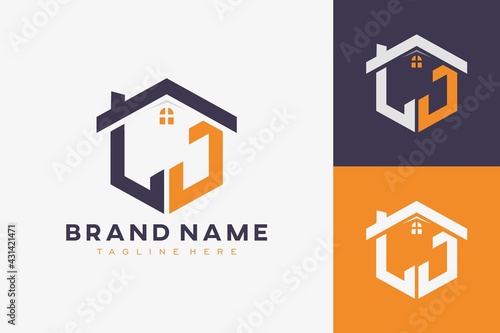 hexagon LJ house monogram logo for real estate, property, construction business identity. box shaped home initiral with fav icons vector graphic template photo