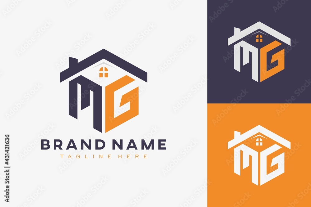 hexagon MG house monogram logo for real estate, property, construction business identity. box shaped home initiral with fav icons vector graphic template - obrazy, fototapety, plakaty 