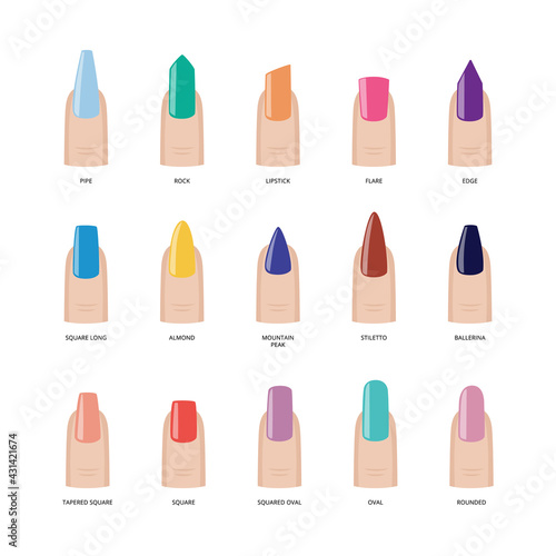 Female fingers with fashion color manicure of nails different shapes