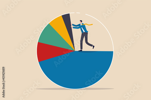 Business analysis, investment asset allocation or economic statistic concept, smart businessman standing on pie chart pushing allocation to the best performance position. photo