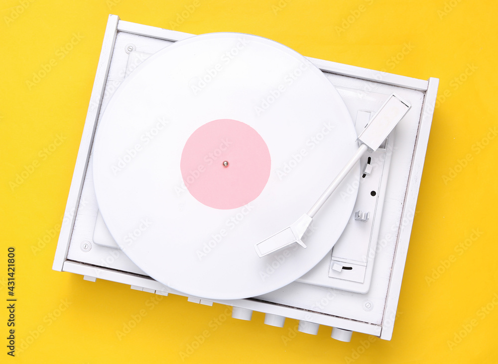 Turntable Vinyl Record Player On Yellow Background Sound Technology For Dj To Mix And Play Music White Vinyl Record Minimalism Flat Lay Top View Stock Photo Adobe Stock