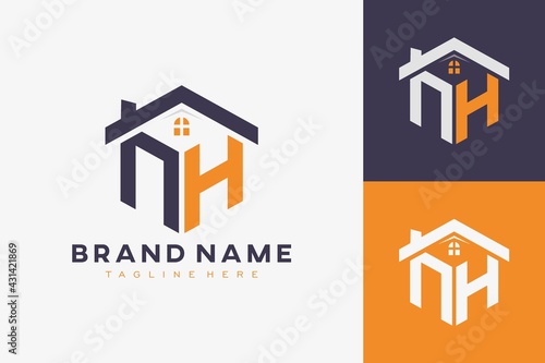 hexagon NH house monogram logo for real estate, property, construction business identity. box shaped home initiral with fav icons vector graphic template