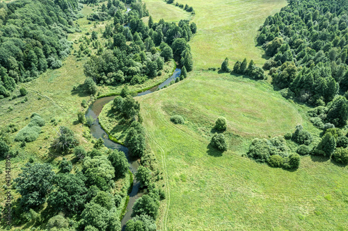 aerial view over Isloch river valley. summer landscape at sunny day. photo