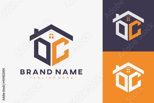 hexagon OC house monogram logo for real estate, property, construction business identity. box shaped home initiral with fav icons vector graphic template photo