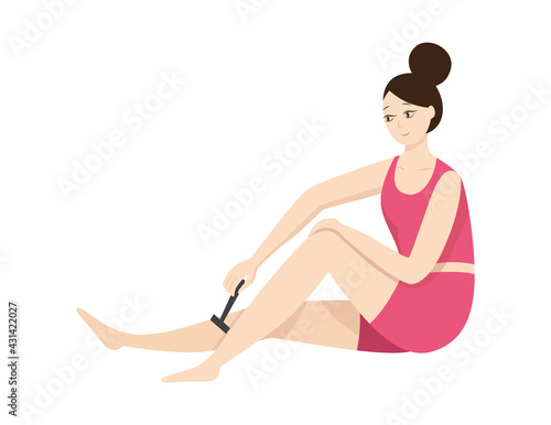Young woman shaving legs with safety razor a flat vector illustration.