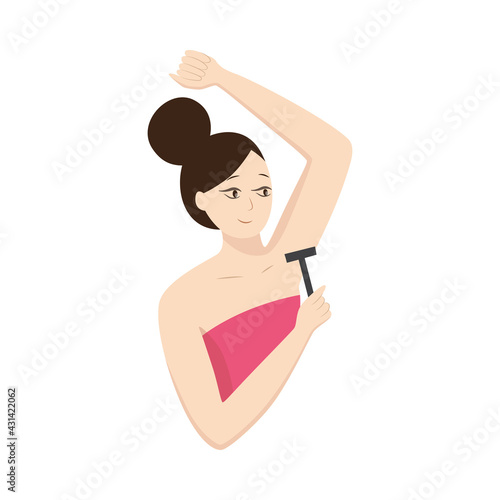 Young woman removal hair from armpit with safety razor a flat vector illustration
