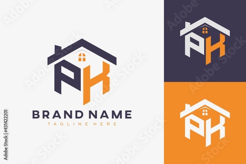 hexagon PK house monogram logo for real estate, property, construction business identity. box shaped home initiral with fav icons vector graphic template