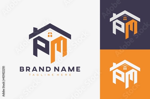 hexagon PM house monogram logo for real estate, property, construction business identity. box shaped home initiral with fav icons vector graphic template