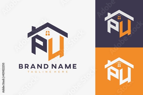 hexagon PU house monogram logo for real estate, property, construction business identity. box shaped home initiral with fav icons vector graphic template