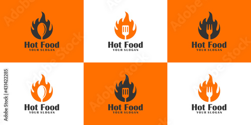 collection of food logo design concepts, Hot Food, restaurant logo designs, fast food, spoons, spatulas, forks