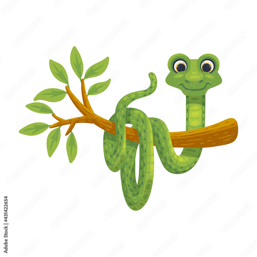 Cartoon character of snake hanging on tree, flat vector illustration ...