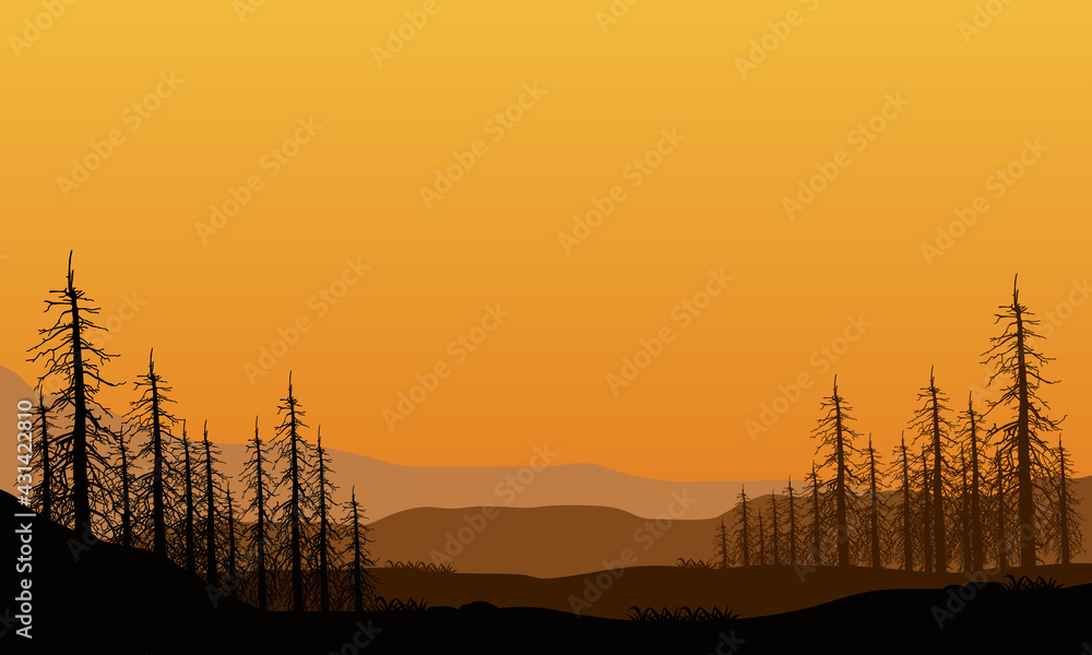 Nice view of mountains and silhouettes of dry trees from the suburbs at dusk. Vector illustration