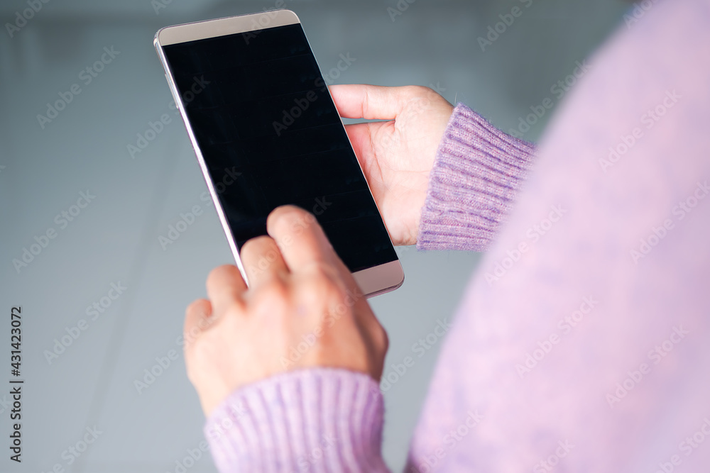 Mock up mobile. Close up hand woman holding display smartphone she use and touchscreen. black empty copy space touch phone.  technology social media for lifestyles and business finance concept.
