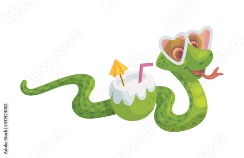 Funny snake character on summer vacation, flat vector illustration isolated.