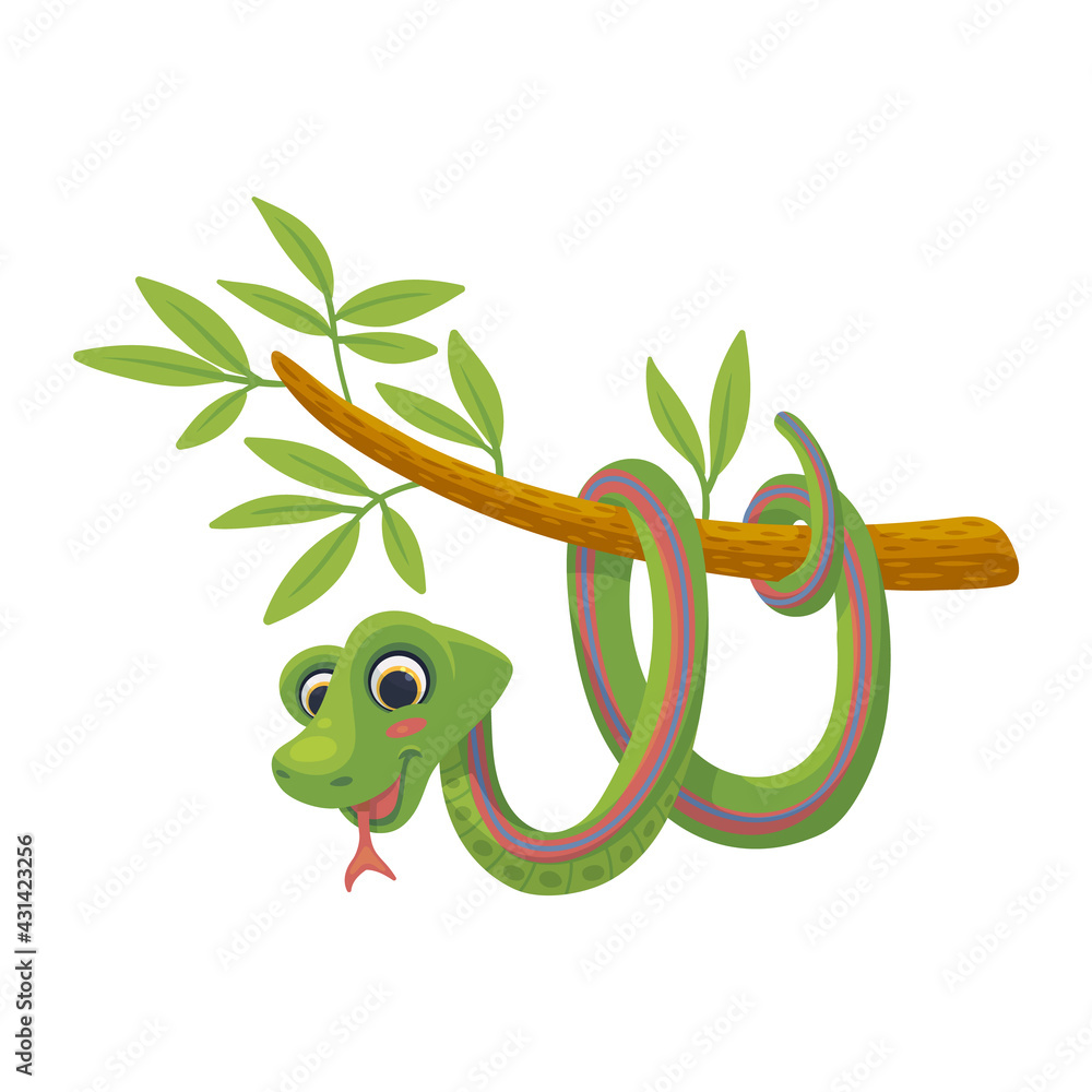 Fototapeta premium Green snake hanging on a tree branch, flat vector illustration on white.