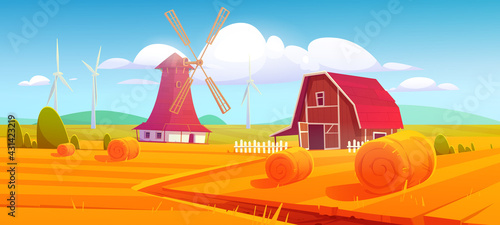 Windmill and barn on farm nature rural background with hay stacks on field and eco wind mills under cloudy sky. Countryside farmland tranquil summer time or fall landscape. Cartoon vector illustration