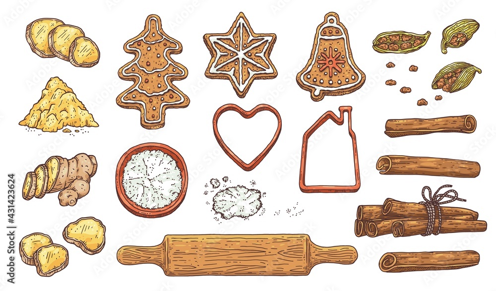 Ginger root, vanilla, christmas holiday cookies and gingerbread for santa. Ginger root, vanilla, christmas holiday cookies and gingerbread for santa.